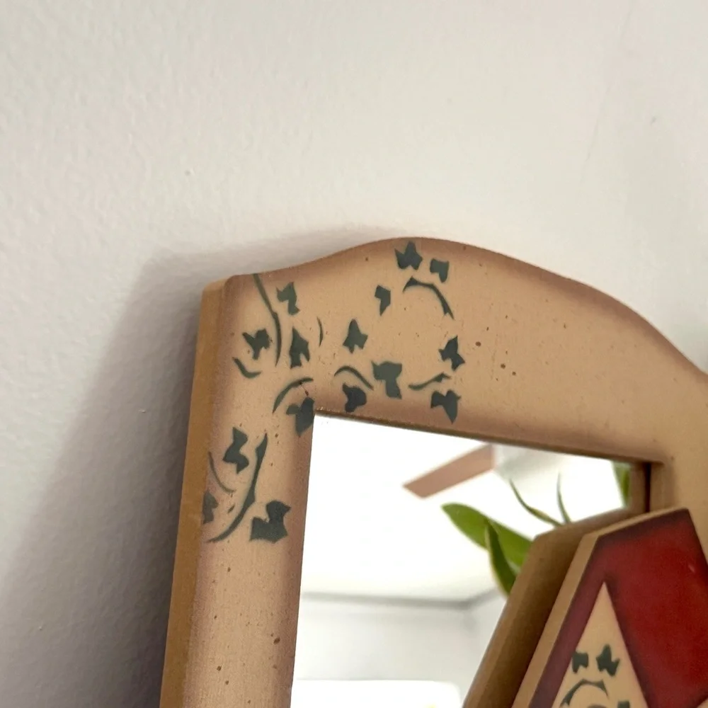 Vintage Bird House Mirror Bird Feeder Ivy Painted Wall Hanging Cottagecore Boho